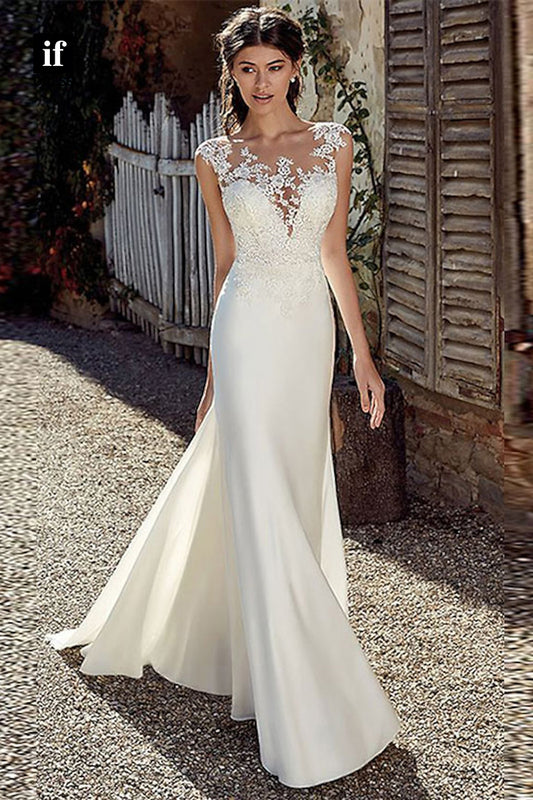 71098 - Timeless Lace Appliques V-Neck Sleevesless Mermaid Bohemian Wedding Dress