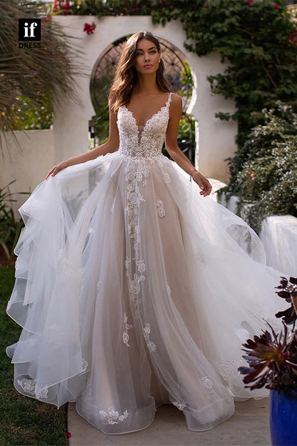 71105 - Glamorous Straps V-Neck Lace Appliques Bohemain Wedding Dress with Train