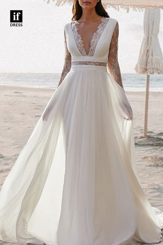71107 - Romantic V-Neck A-Line Lace Long Sleeves Beach Wedding Dress