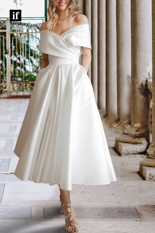 71109 - Elegant Strapless Cap Sleeves A-Line Satin Beach Wedding Dress with Pockets