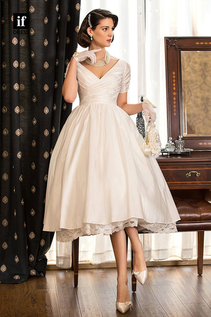 71110 - Classical A-Line V-Neck Short Sleeve Pleats Bohemain Wedding Gown