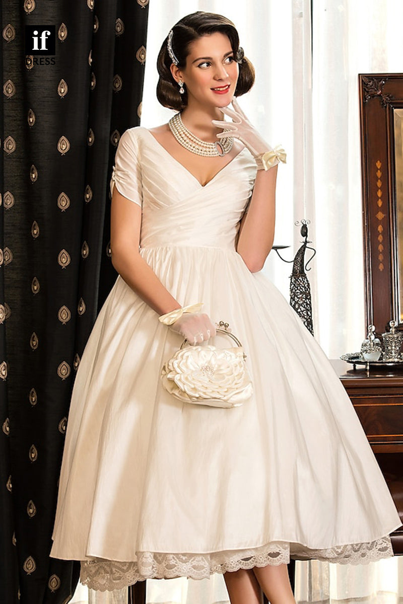 71110 - Classical A-Line V-Neck Short Sleeve Pleats Bohemain Wedding Gown