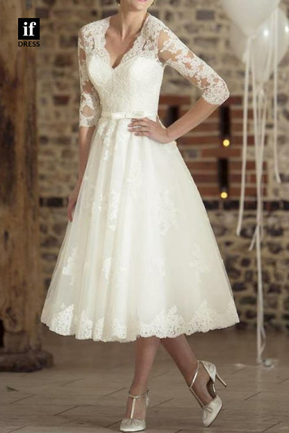 71113 - Elegant A-Line V-Neck Long Sleeves Appliques Boho Wedding Dress