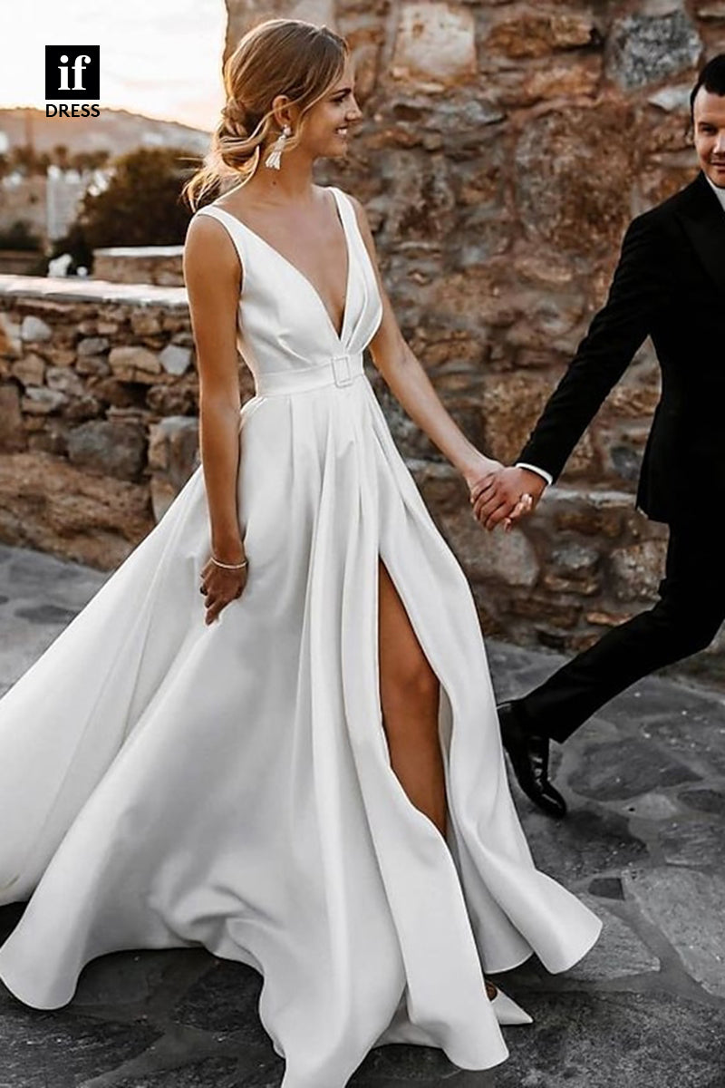 71115 - Classic A-Line Low V-Neck Sleeveless Satin Beach Wedding Dress with Slit