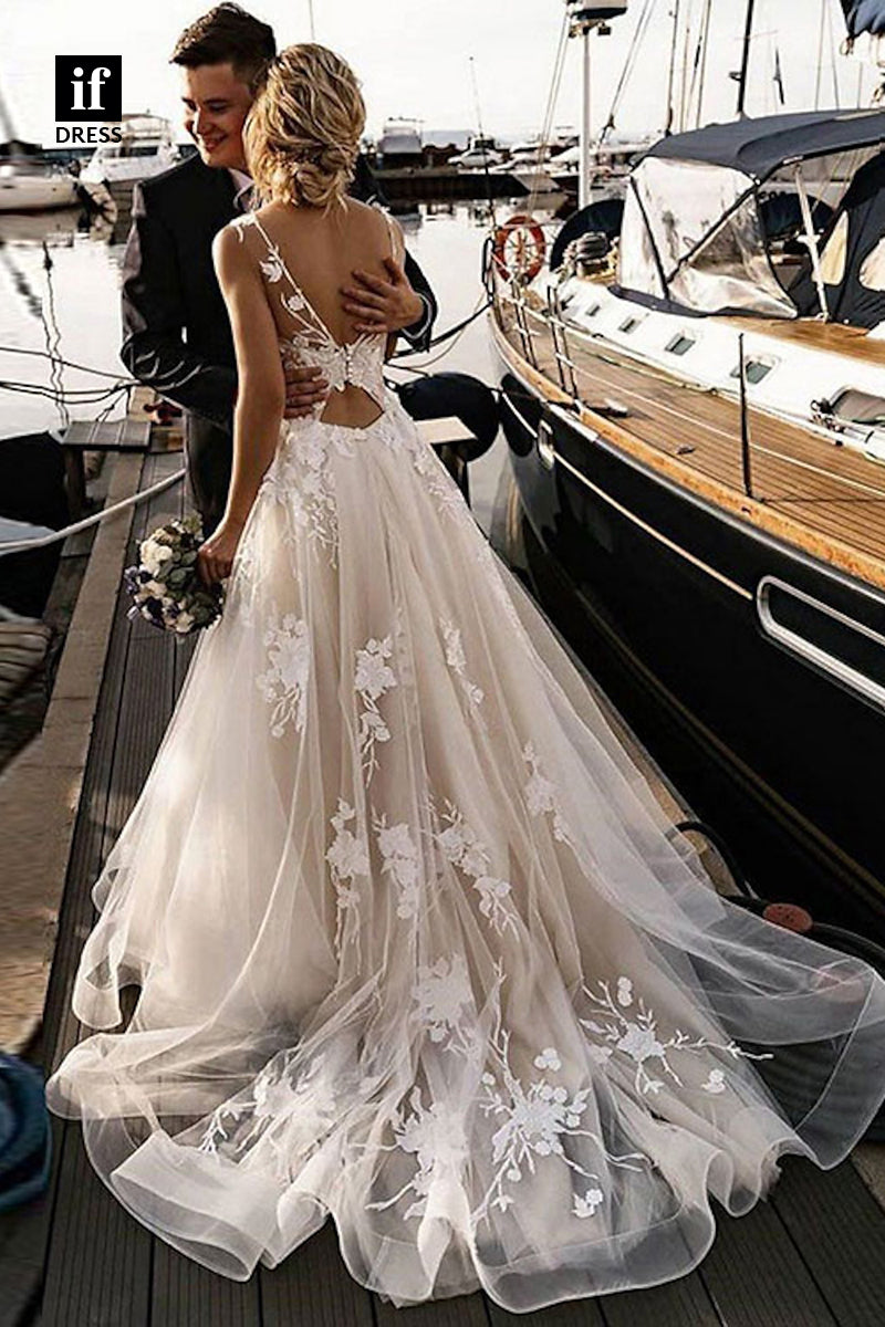 71118 - Adorable A-Line Straps V-Neck Appliques Tulle Bohemian Wedding Dress