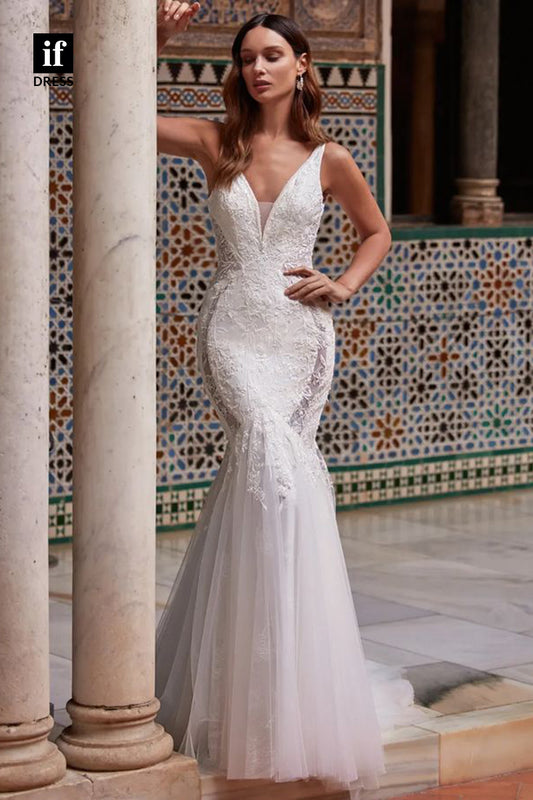 71122 - Classic Straps V-Neck Lace Appliques Mermaid Beach Wedding Dress with Train