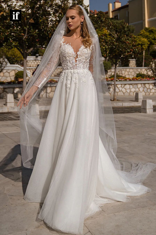71126 - Vintage Straps V-Neck Long Sleeves Appliques Tulle Beach Wedding Dress