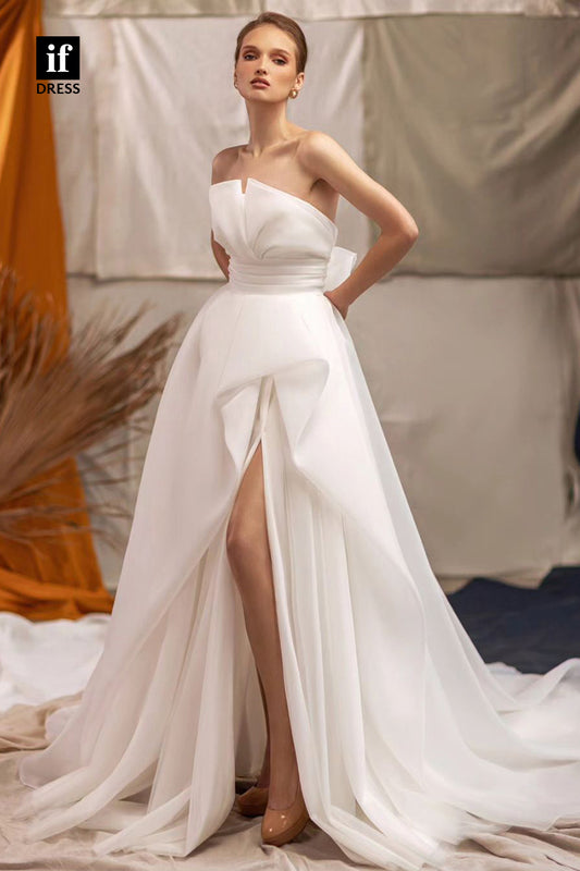 71127 - Simple Strapless A-Line Side Slit Sleeveless Boho Wedding Dress