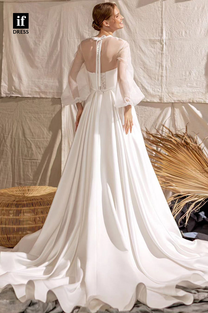 71128 - A-Line Simple High Neck Pleated Satin Neach Wedding Gown with Sleeves