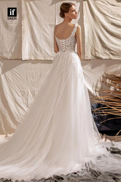 71129 - Chic Straps Scoop Lace Appliques Tulle Bohemian Wedding Dress with Slit