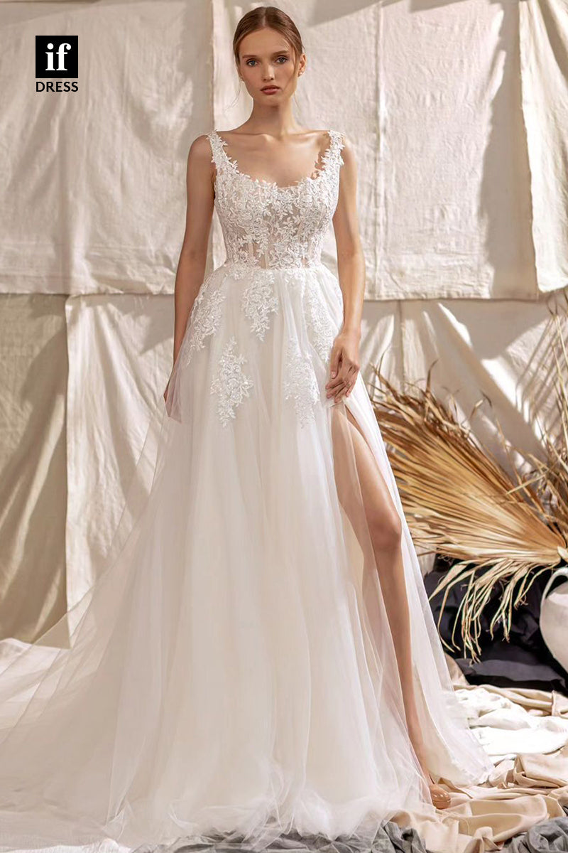 71129 - Chic Straps Scoop Lace Appliques Tulle Bohemian Wedding Dress with Slit