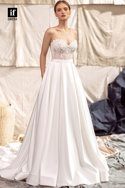 71130 - Off-Shoulder Sweetheeart A-Line Pleated Satin Beach Wedding Dress with Train