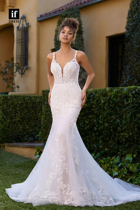 71131 - Vintage Straps V-Neck Lace Appliques Mermaid Wedding Gown with Train