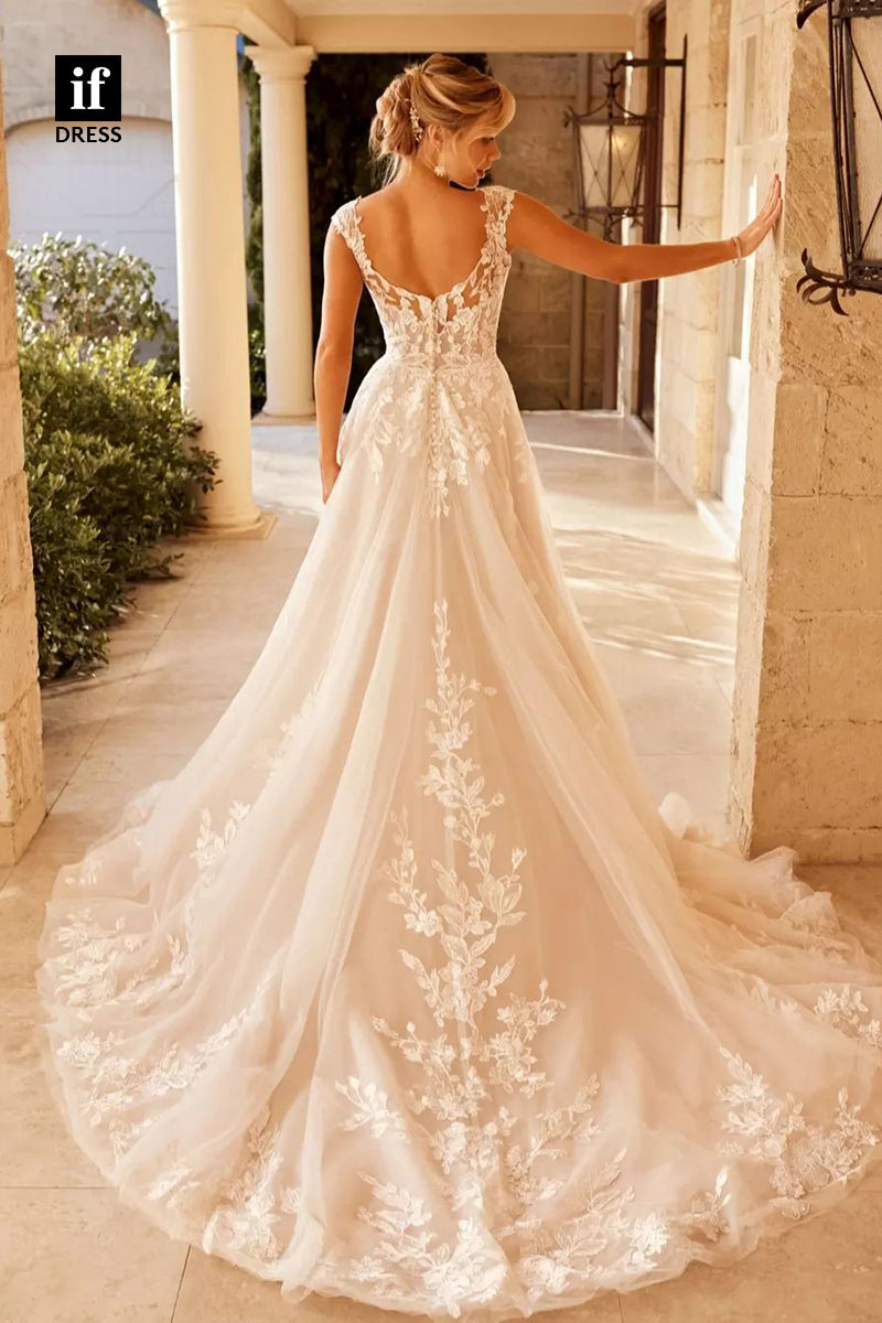 71132 - Elegant Straps V-Neck Lace Appliques A-Line Beach Wedding Dress with Train
