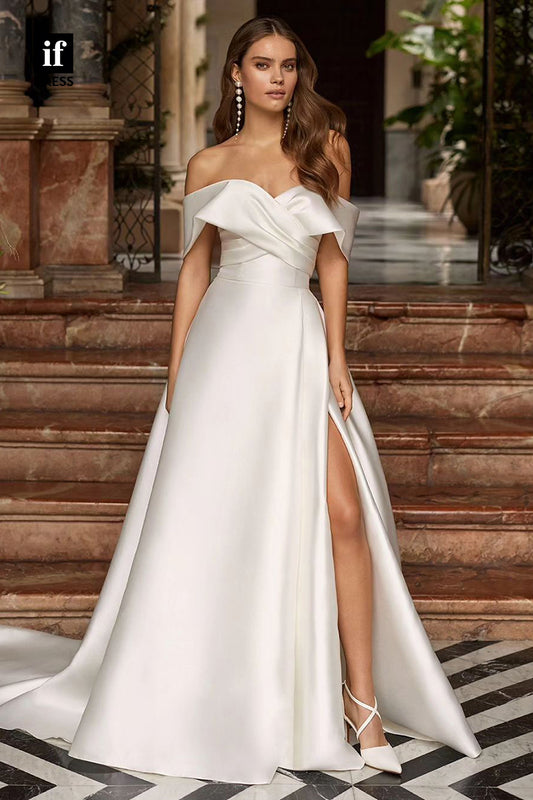 71135 - Simple A-Line Strapless Side Slit Satin Beach Wedding Dress