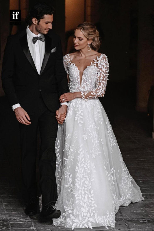 71141 - Romantic A-Line V-Neck Long Sleeves Apppliques Beach Wedding Dress