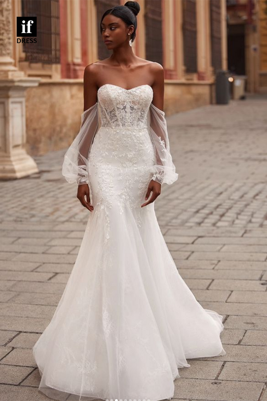 71142 - Chic Strapless Sweetheart Appliques Mermaid Boho Wedding Dress with Sleeves