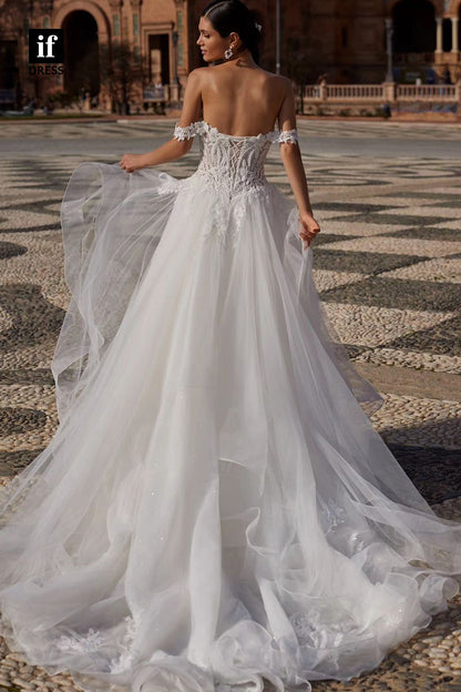 71146 - Modern Strapless Deep V-Neck Appliques Tulle Beach Wedding Dress