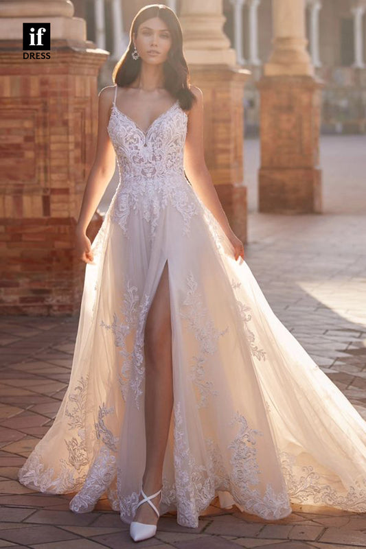 71149 - Vitange Straps V-Neck A-Line Lace Appliques Beach Wedding Dress