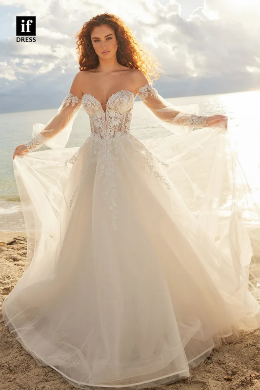 71150 - Romantic Off-Shoulder Appliques A-Line Beach Wedding Dress with Sleeves