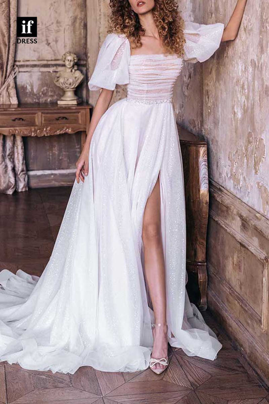 71152 - Glitter A-Line Short Belt Sleeves Side Slit Beach Wedding Dress