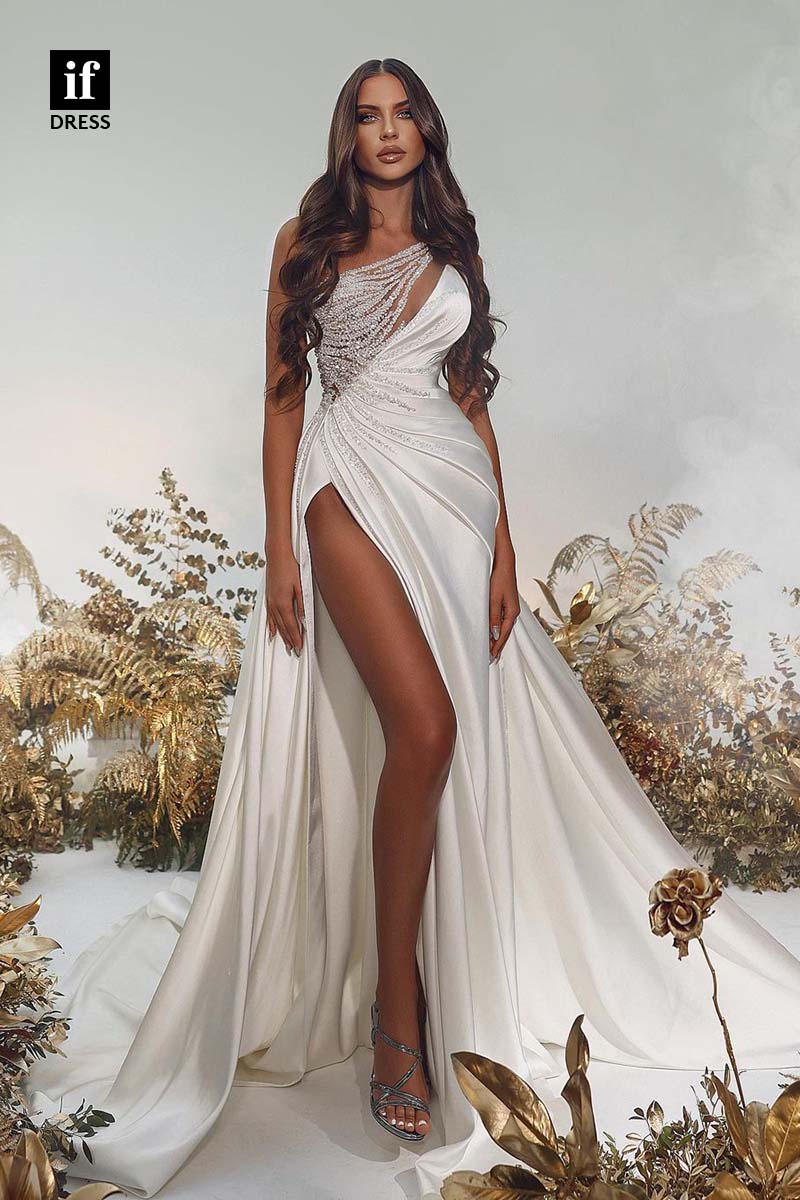 71159  - One Shoulder A-Line Pleats High Slit Satin Boho Wedding Dress