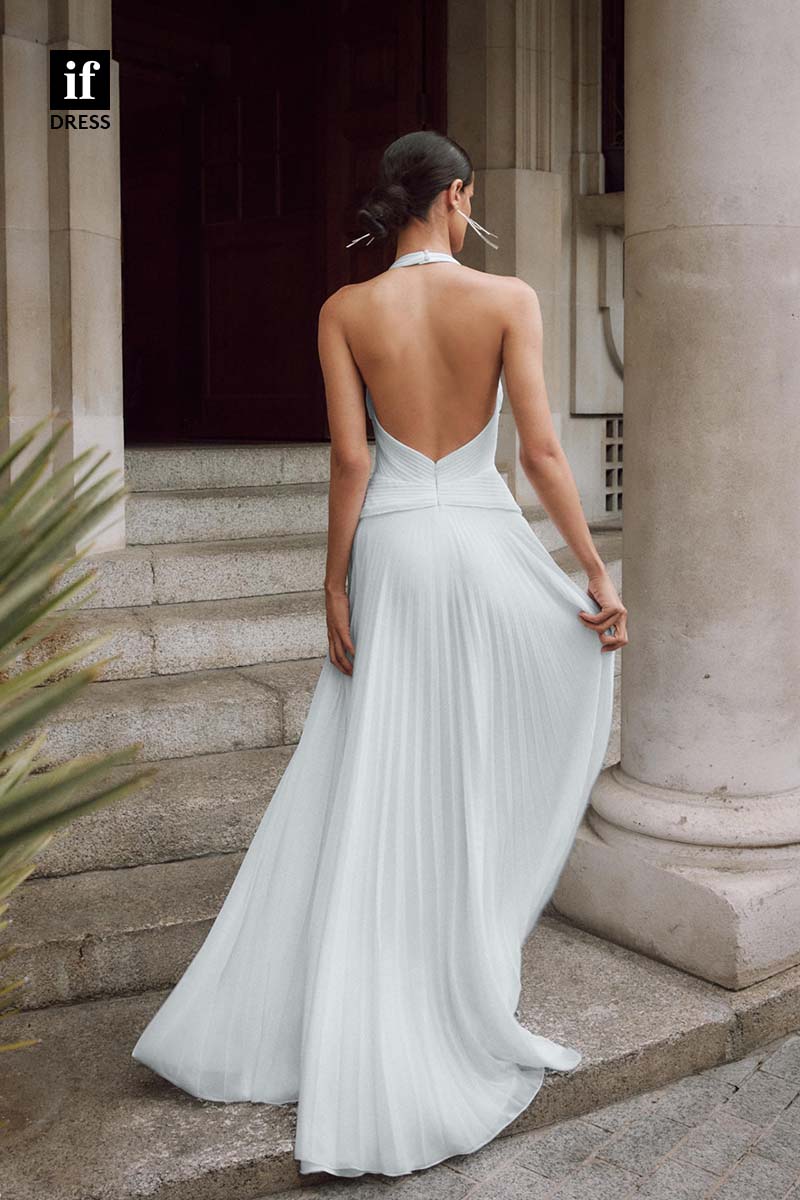 71163 - Sexy Halter V-Neck Ruched A-Line Sleeveless Boho Wedding Dress