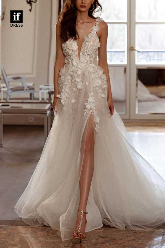 71173 - Roamntic Straps V-Neck Lace Appliques Bohemian Wedding Dress with Slit