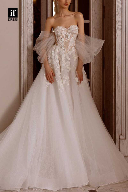 71174 - Elegant A-Line Strapless Sweetheart Appliques Boho Wedding Dress
