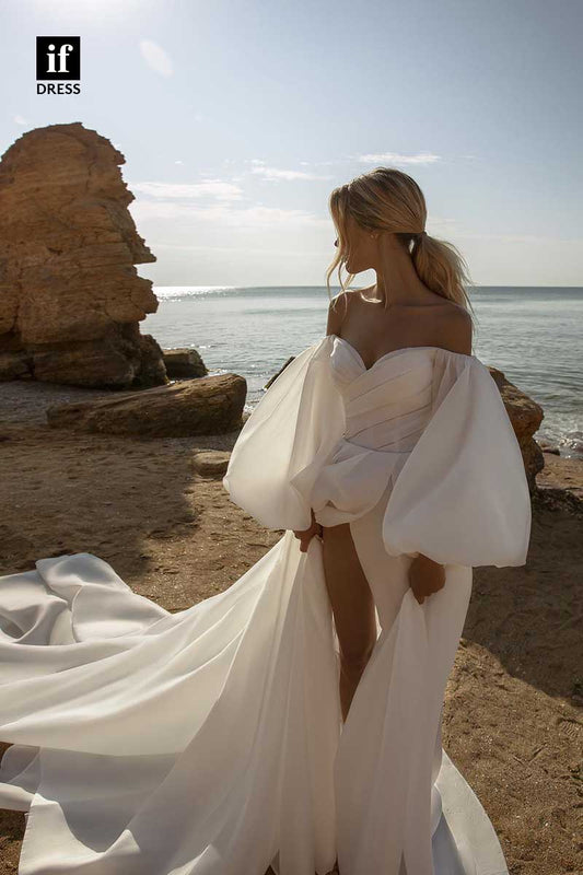 71184 - Stunning Off-Shoulder Puff Sleeves High Slit Beach Wedding Dress