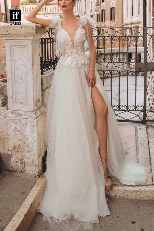 71185 - Chic Straps High Slit Appliques Beads Tulle Bohemian Wedding Dress