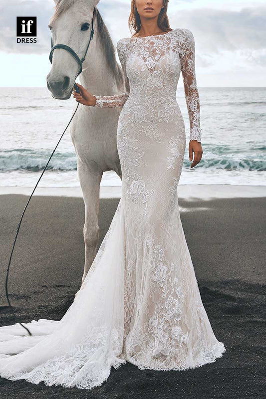 71191 - Mermaid/Trumpet Lace Appliques Long Sleeves Beach Wedding Dress