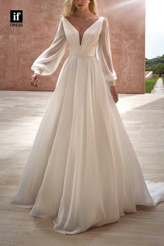 71196 - Elegant A-Line Long Sleeves Deep V-Neck Beach Wedding Dress