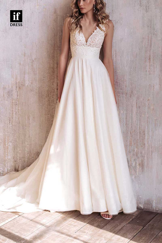 71198 - Minimalism Straps V-Neck Sleeveless Top Lace Bohemian Wedding Dress