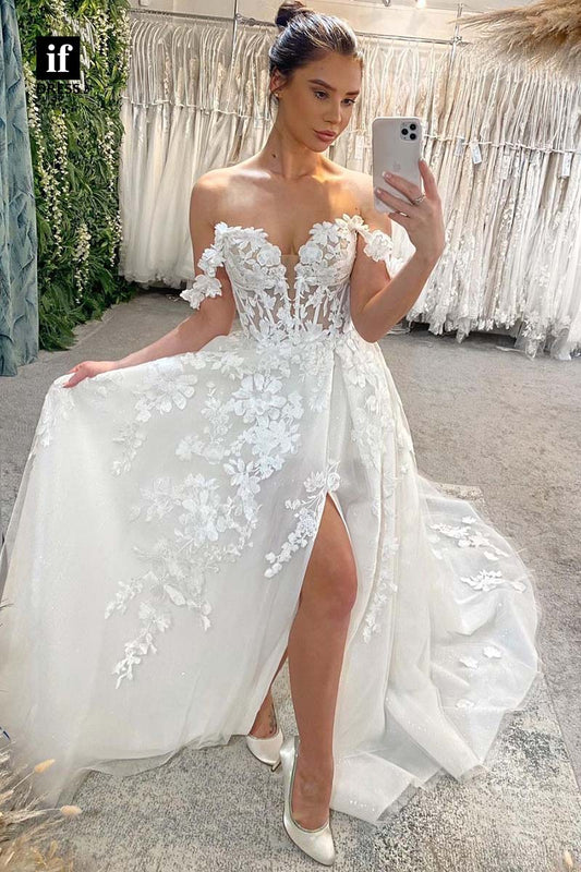 71200 - Strapless Deep V-Neck Lace Appliques Bohemian Wedding Dress with Train