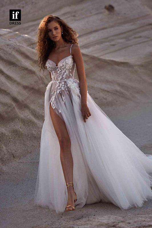 71204 - Romantic Spaghetti Straps A-Line Lace Appliques Beach Wedding Dress