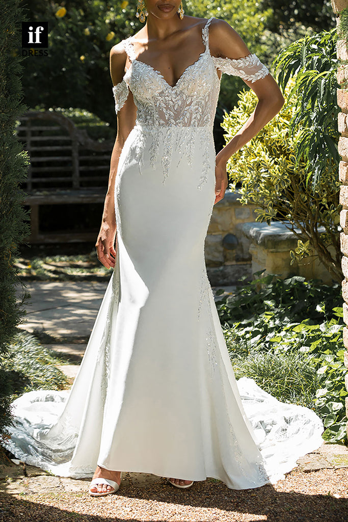 Grecian Style Plunge Neck Lace Tulle Mermaid Bridal Gown - Promfy, lace ...