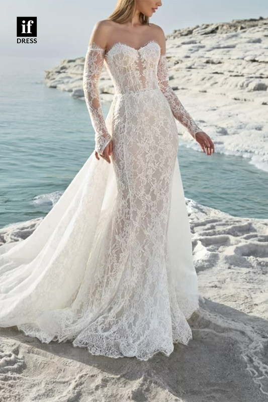 71274 - Exquisite Strapless Lace Appliques Mermaid Beach Weddding Dress with Sleeves