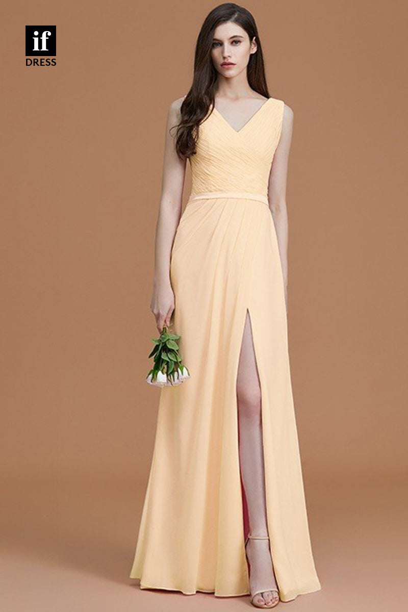 B5038 - Sheath/Column V-Neck Side Slit Sleeveless Long Bridesmaid Dress
