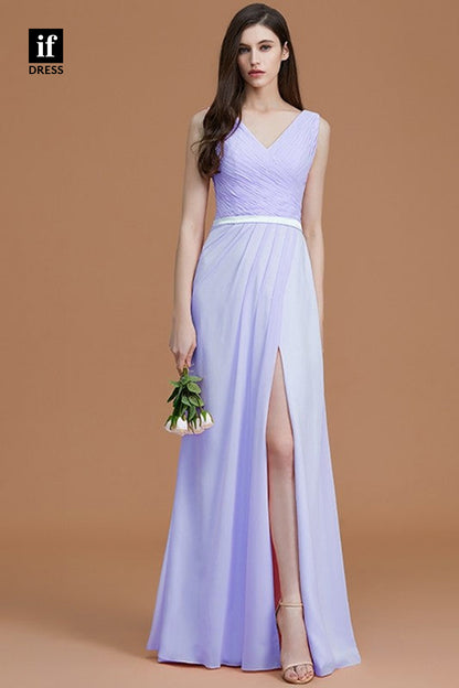 B5038 - Sheath/Column V-Neck Side Slit Sleeveless Long Bridesmaid Dress
