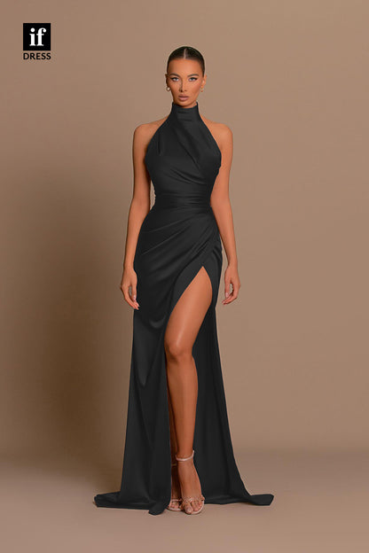 34116 - Classic High Neck Pleats Side Split Sheath Prom Formal Dress