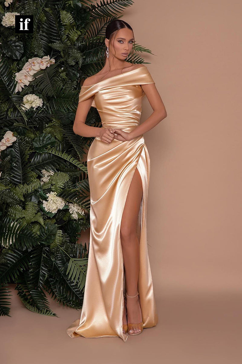 B5002 - Classic Off Shoulder Cap Sleeves Ruched Side Slit Bridesmaid Dress