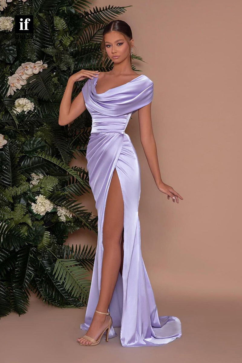 B5022 -  Unique Scoop Ruched Side Slit Shenth Long Bridesmaid Dress