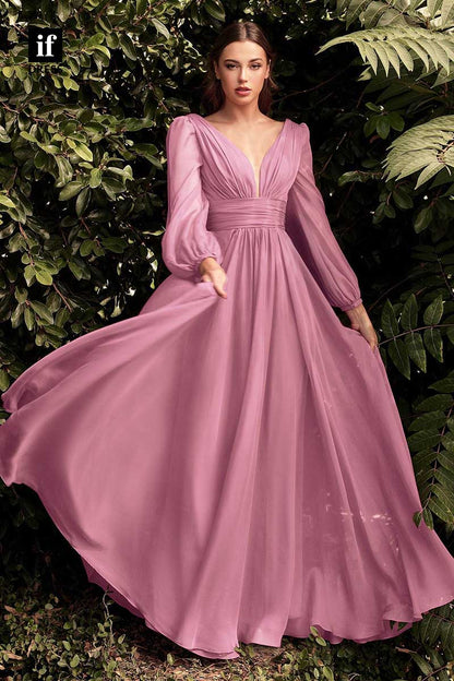 31925 - Elegant V-Neck Long Sleeves Chiffon Prom Evening Bridesmaid Dress