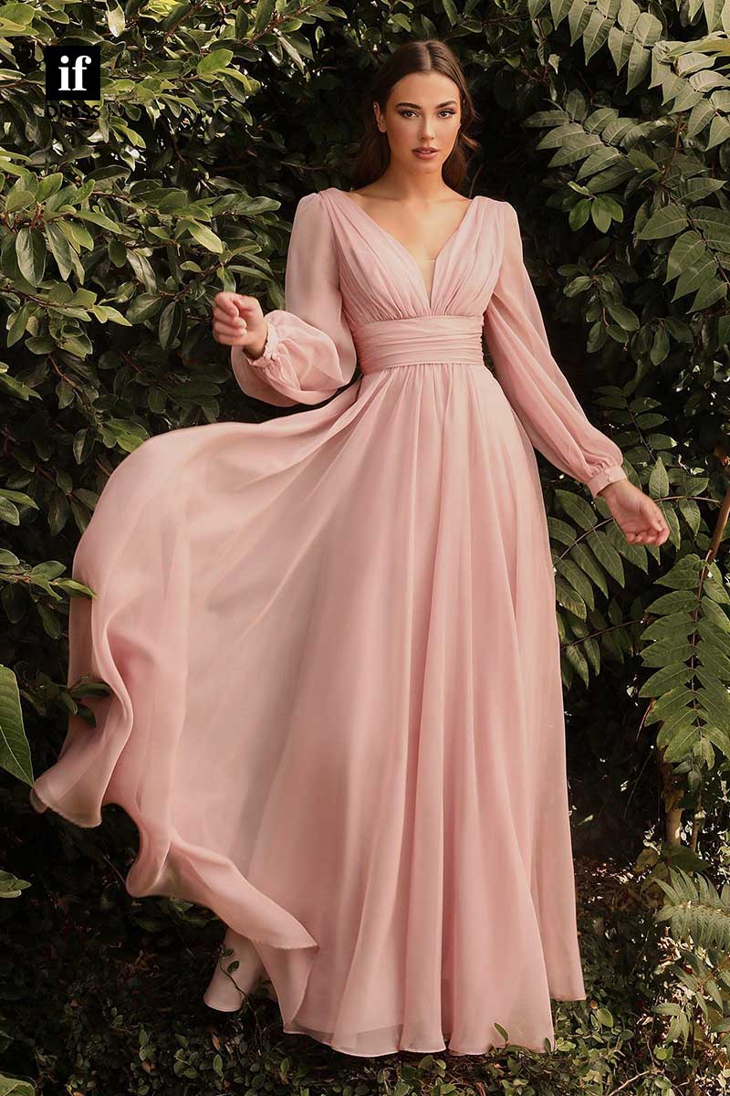 31925 - Elegant V-Neck Long Sleeves Chiffon Prom Evening Bridesmaid Dress