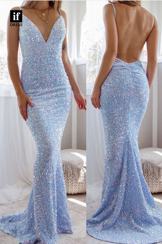 34443 - Sexy V-Ncek Spaghetti Straps Sequined Prom Formal Evening Dress