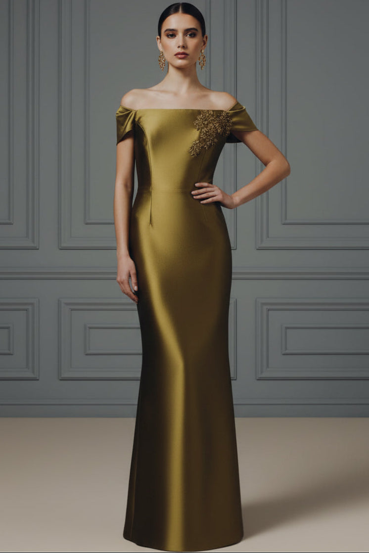 Off-Shoulder Bateau-Neck Sleeveless Floor-Length Beaded Applique Satin IFDRESS Off-Shoulder Bateau-Neck Sleeveless Floor-Length Beaded Applique Satin IFDRESS