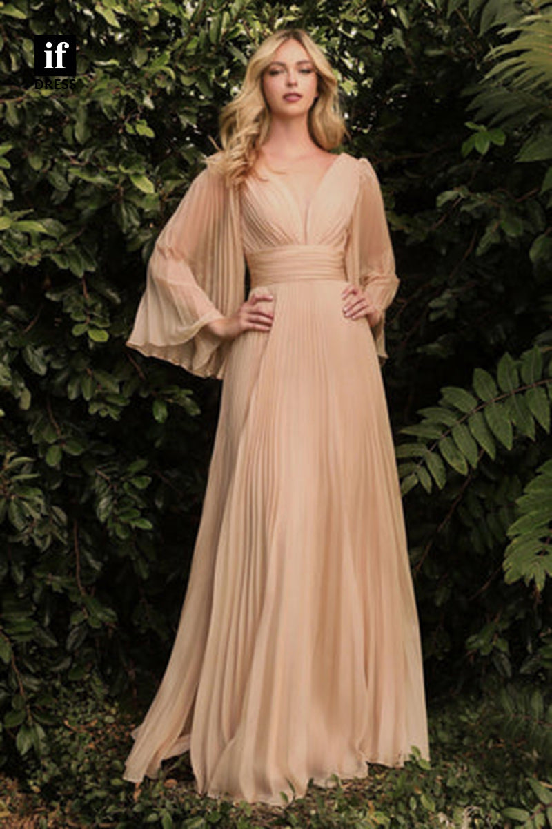 31919 - Elegant V-Neck Ruched Long Sleeves Chiffon Prom Evening Bridesmaid Dress