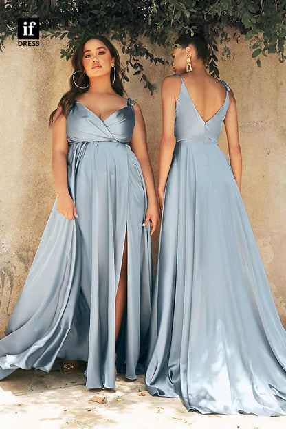 31927 - Chic V-Neck A-Line Ruched High Slit Prom Evening Bridesmaid Gown