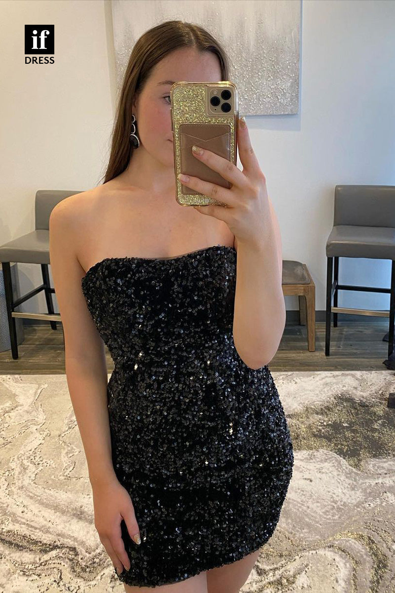 F1-1076 - Modern Off-Shoulder Scoop Sequined Mini Homecoming Dress